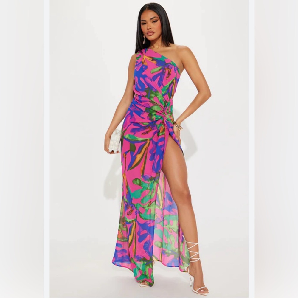Fashion Nova Pink & Green One-Shoulder Knot Maxi Dress